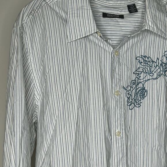 Kenneth Cole Reaction Shirt-‎ Large-embroidered floral button down striped blue - Picture 1 of 7